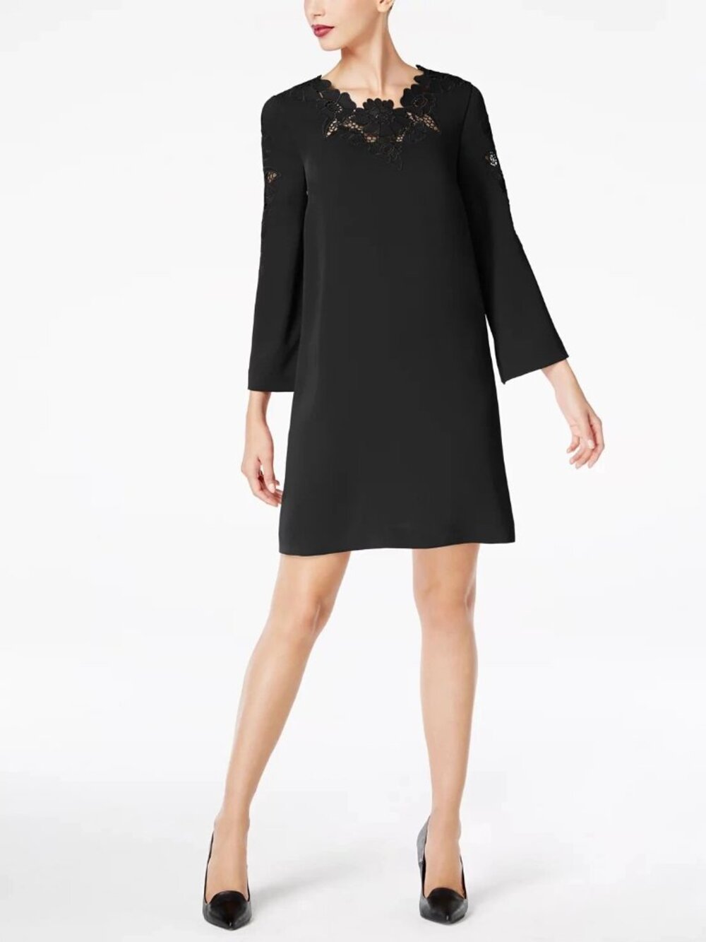 Alfani Petite Black Shift Dress Size 8P NWT Floral Lace Trim 3/4 Sleeve Elegant